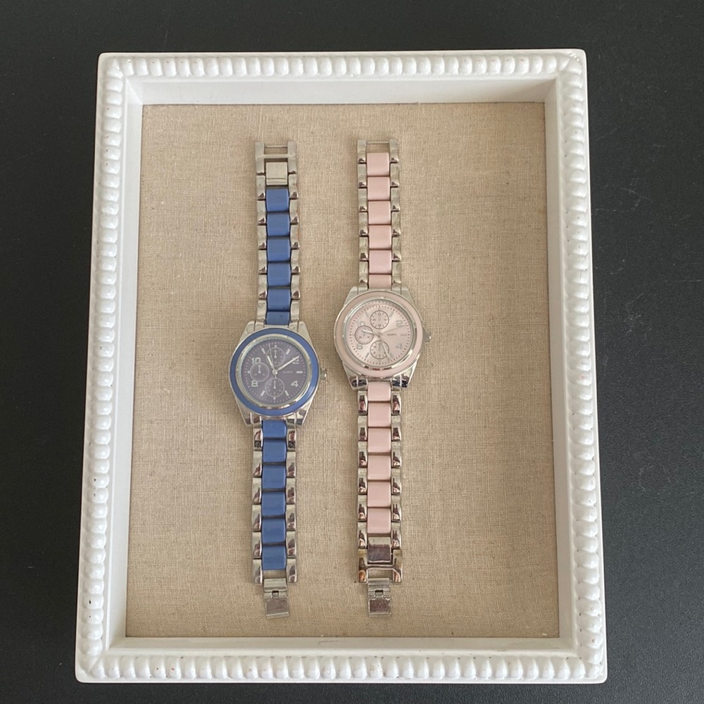 Two Silver Watches: Blue & Baby Pink Accents